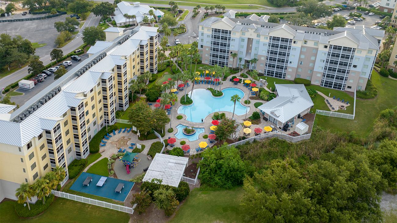 Aerial of exterior and pool complex at Marriott's Legends Edge at Bay Point resort timeshare